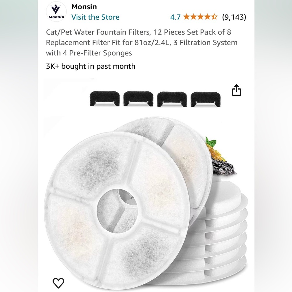 10/$13 (Read) NIB Monsin Pet fountain (5 Filter and 4 Sponge)